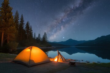 Camping under the starry night sky with milky way