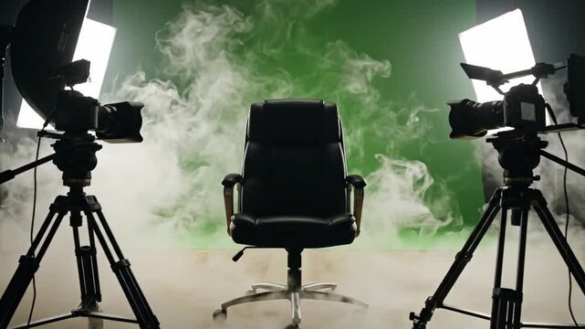Professional photography studio setup with office chair, cameras, and lighting equipment amidst smoky atmosphere