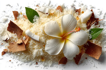 A serene composition featuring a plumeria flower surrounded by coconut shavings and leaves on a white background. the arrangement highlights natural elements, symbolizing relaxation, wellness, and spa