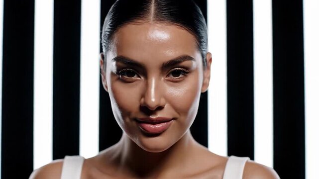 Portrait of a woman with slicked back hair against black and white vertical lines
