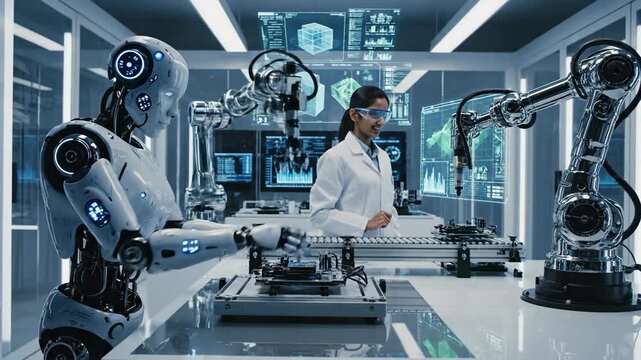 Futuristic laboratory with a humanoid robot, robotic arms, and a scientist