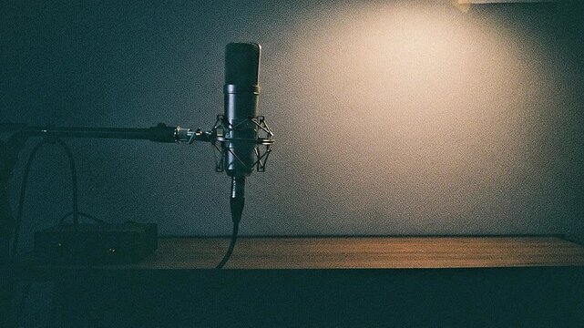 podcast microphone on boom arm hanging over wooden desk in dark studio perfect for horror streaming background, intro background, and horror podcast background