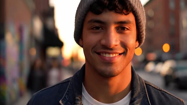 Portrait of a young man in denim jacket, wearing a gray beanie, on a city street at sunset
