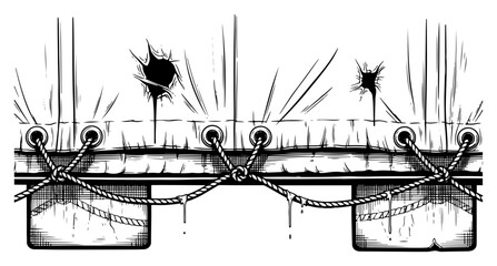 Detailed hand drawn military canvas with bullet holes and rope grommets © Anna