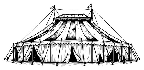 Vintage abandoned circus tent big top illustration in detailed black and white woodcut style © Anna