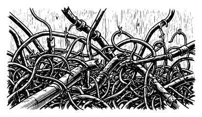 Naklejka premium Tangled pile of industrial wires and pipes in detailed vintage engraving style
