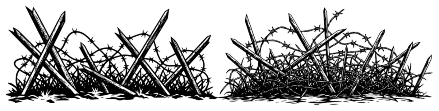 Sharp barbed wire fence with wooden stakes in hand drawn sketchy style