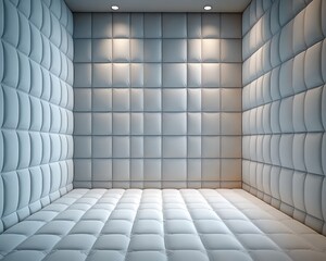 Fototapeta premium soft white padded room with quilted tufted walls and floor illuminated by three recessed ceiling lights, sterile calm evoking isolation and quiet