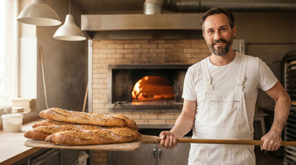 Artisan Baker Holding Fresh Bread Peels   