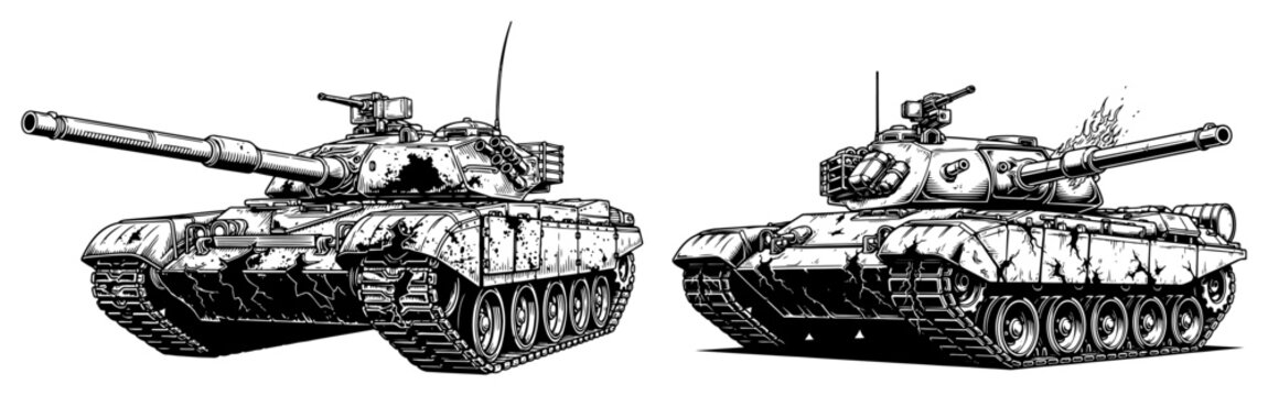 Hand drawn engraving style illustration of heavy military battle tanks in a battlefield setting