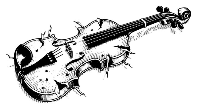 Detailed engraving of a broken vintage violin with splinters in black and white style