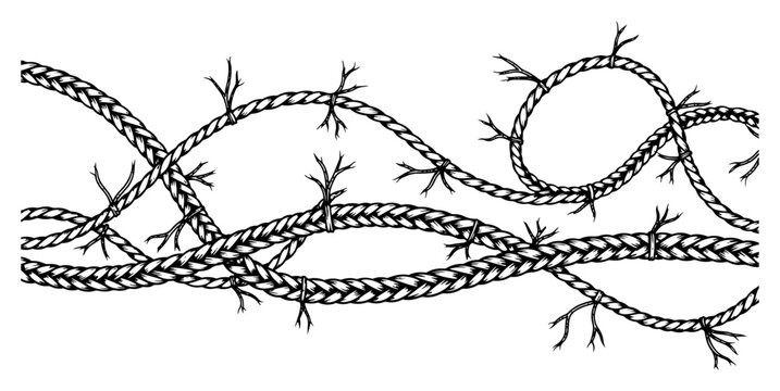 Heavy twisted frayed ropes and cables in a detailed vintage engraving style