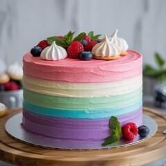 Colorful layer cake with fresh fruits and meringue toppings