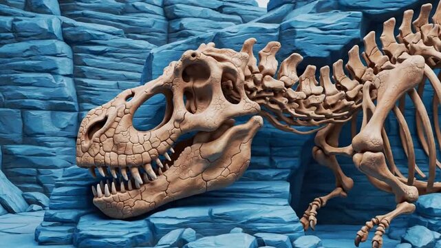 A 3D rendered skeleton of a large dinosaur in a rock cave setting