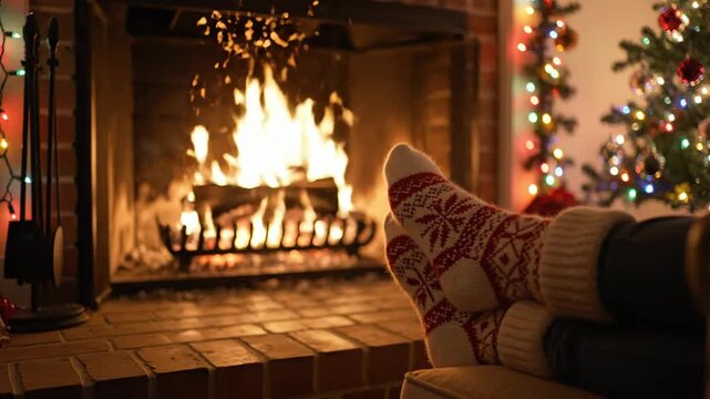 Cozy feet in patterned socks warming by a roaring fireplace and a decorated Christmas tree with lights