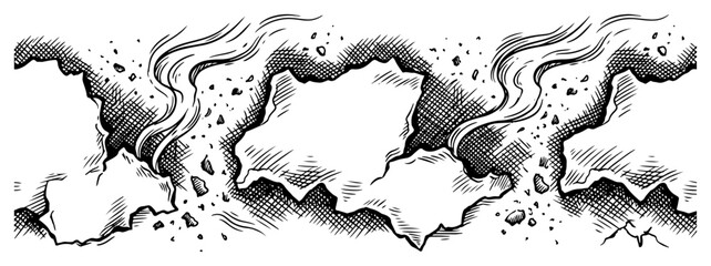 Hand drawn engraving style illustration of an exploding ground with debris and smoke trails © Anna