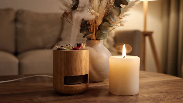 Cozy indoor scene featuring a humidifier, candle, and vase of dried flowers on a wooden table, soft lighting