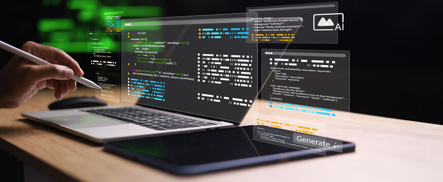 Developer using stylus and laptop with AI code generation interface. Software development, programming, automation and artificial intelligence technology.