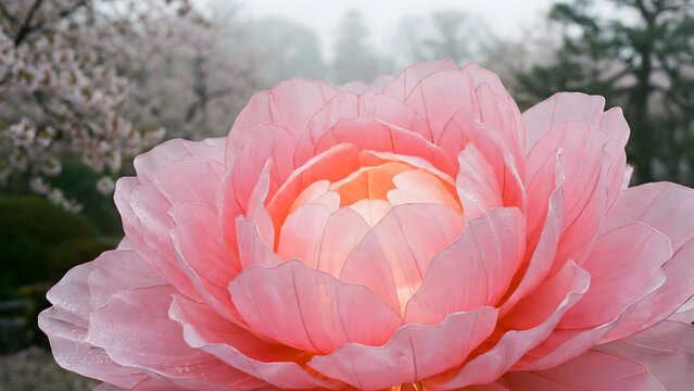 A giant peony flower lantern with layers of delicate pink silk petals