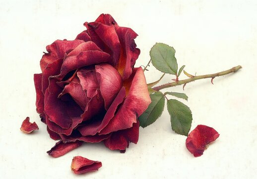 wilted deep red rose lying on a pale background with scattered fallen petals and a green thorny stem, evoking melancholy and faded romance