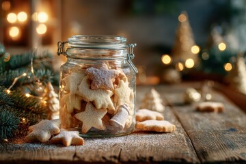Seasonal treat jar: home-baked Christmas cut-out cookies in a sunlit kitchen