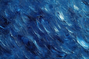Obraz premium Close-up textured blue oil painting with thick impasto brushstrokes, sweeping swirls and wave-like motion conveying energetic yet calm oceanic emotion