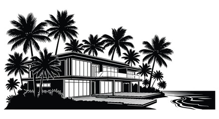 A striking black and white illustration of a modern beach house surrounded by palm trees presented as a silhouette on transparent background © GDMala02