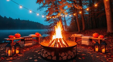 Cozy lakeside fire pit gathering on a autumn evening