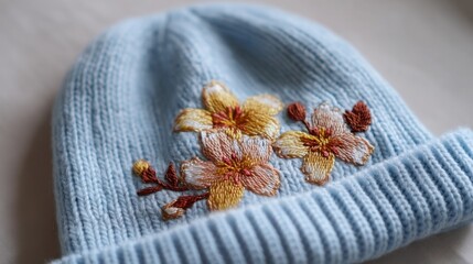 Cute blue knit beanie with colorful flower embroidery perfect for winter fashion and cozy accessories for cold weather