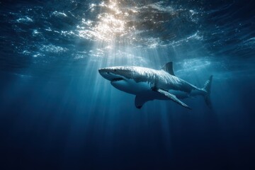 Fototapeta premium Silhouette of a great white shark with piercing sunbeams in clear blue waters