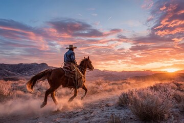 Silhouetted cowboy riding a horse under a fiery western sunset
