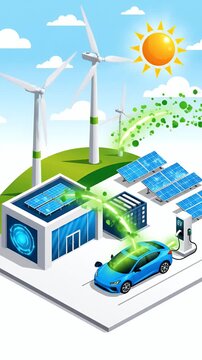Electric Car Charging At Solar Powered Station Wind Turbines Bright Sun