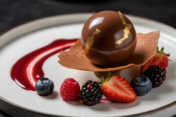 Decadent chocolate dessert with fresh berries and red sauce