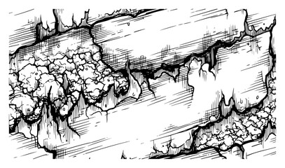 Obraz premium Detailed hand drawn engraving of a crumbling concrete wall with deep cracks and decay