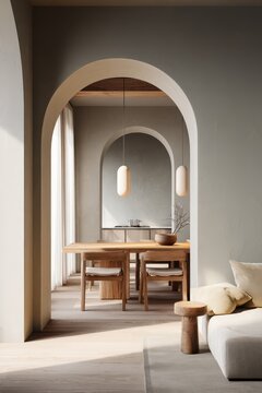 Sleek home interior featuring a gray wall, arched doorway, and timber furniture in a contemporary open plan