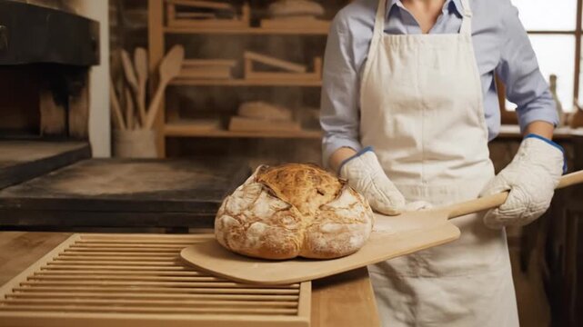 A baker removing freshly baked bread from a brick oven, holding it on a wooden peel