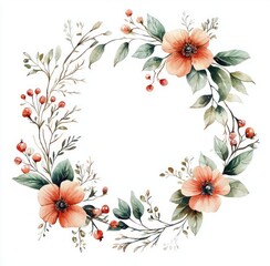 Obraz premium delicate circular watercolor wreath of peach flowers, green leaves, red berries and slender branches conveying an elegant romantic botanical frame