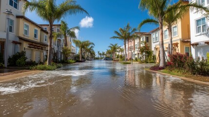 Fototapeta premium Tranquil Neighborhood Scene with Water Reflection and Lush Palm Trees Under Bright Blue Sky