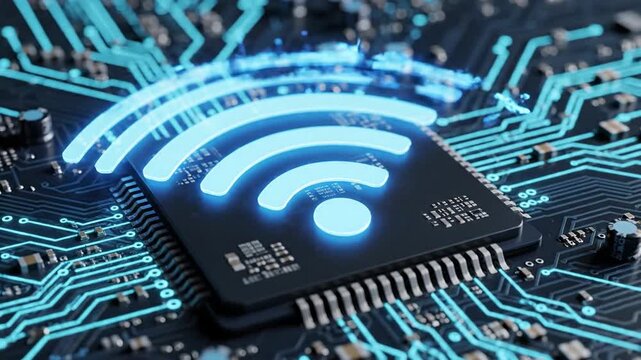 Lit WiFi symbol on a dark circuit board with teal traceroutes and capacitors