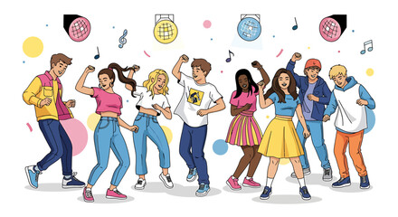 Fototapeta premium Energetic young friends joyfully dancing at a vibrant modern disco party. Colorful spotlights and music notes create a lively scene, embodying youthful celebration and social fun