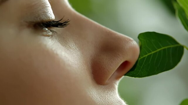 A close up view of a face, nose near a vivid green leaf, gently inhales the fresh, natural aroma. Pure fragrance, tranquil sensory experience.