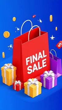 Final Sale Shopping Bags Gifts Coins Sparkles Blue Background Motion Graphic