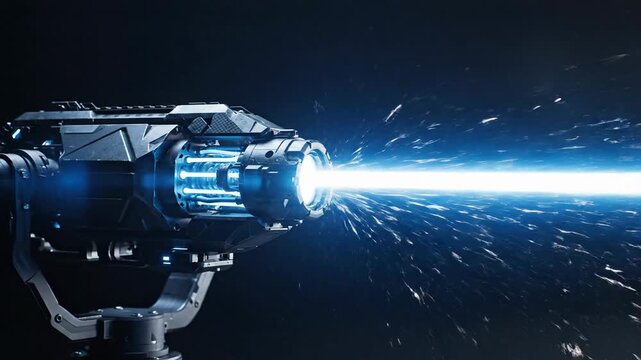 Futuristic weapon firing a bright blue laser beam against a dark background with smoke effects near the muzzle