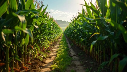 Obraz premium Lush Cornfield Path - A Journey Through Green Abundance.