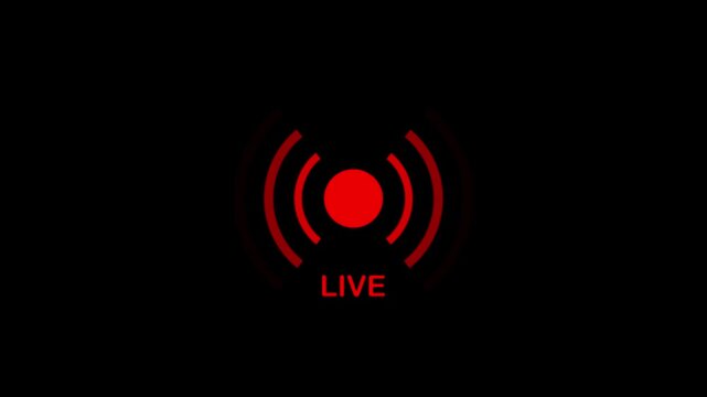 Red live streaming icon pulsates with concentric waves on black background, broadcasting signal