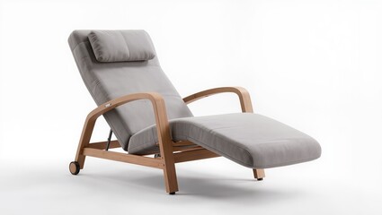 Fototapeta premium Modern reclining lounge chair with light gray upholstered cushions and curved wooden frame, adjustable contemporary armchair isolated on white background