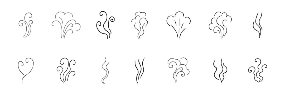 Smell steam and smoke lines icons set. Air wind and scent linear hand drawn doodle. Hot vapor, aroma, smell, waves from food sketch.