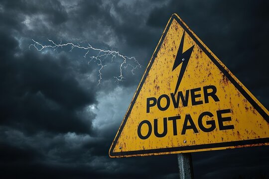 rusted yellow warning sign reading power outage against dark stormy sky with jagged lightning, creating an ominous foreboding atmosphere