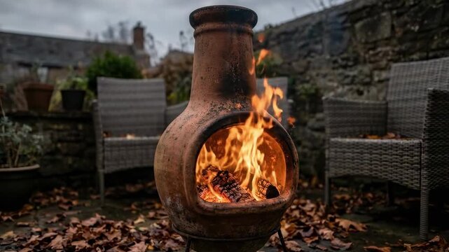 realistic flames. A cozy outdoor setting featuring a traditional chiminea with vibrant flames, surrounded by fallen leaves, potted plants, and rustic wicker chairs against a gray sky