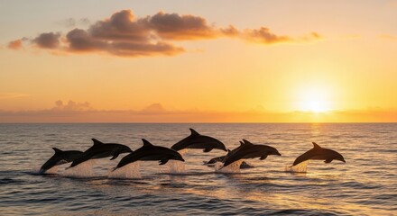 Dolphins leaping in harmony at sunset over the ocean